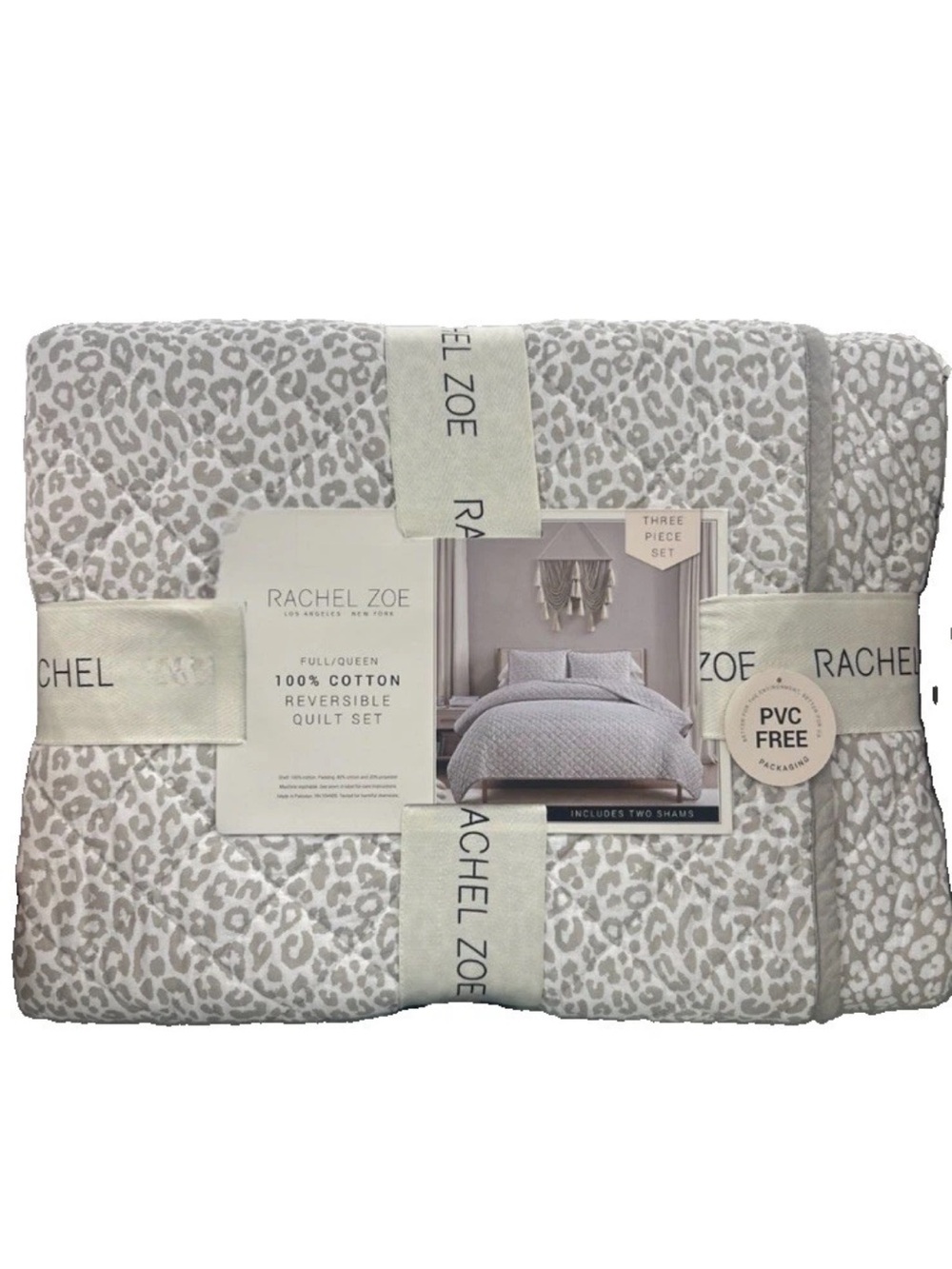 Rachel Zoe Queen Gray & White Animal Print Cotton Reversible Quilt Set 88”x92”